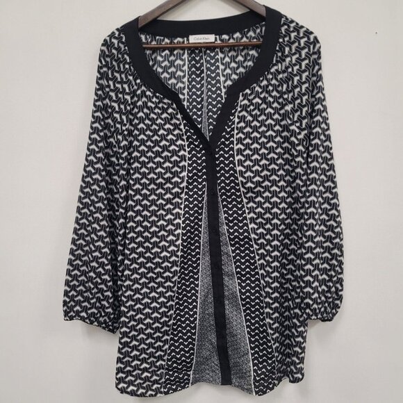 Calvin Klein Womens Geometric Artsy Button Up Top Size 4X Black Career Office - Picture 1 of 9